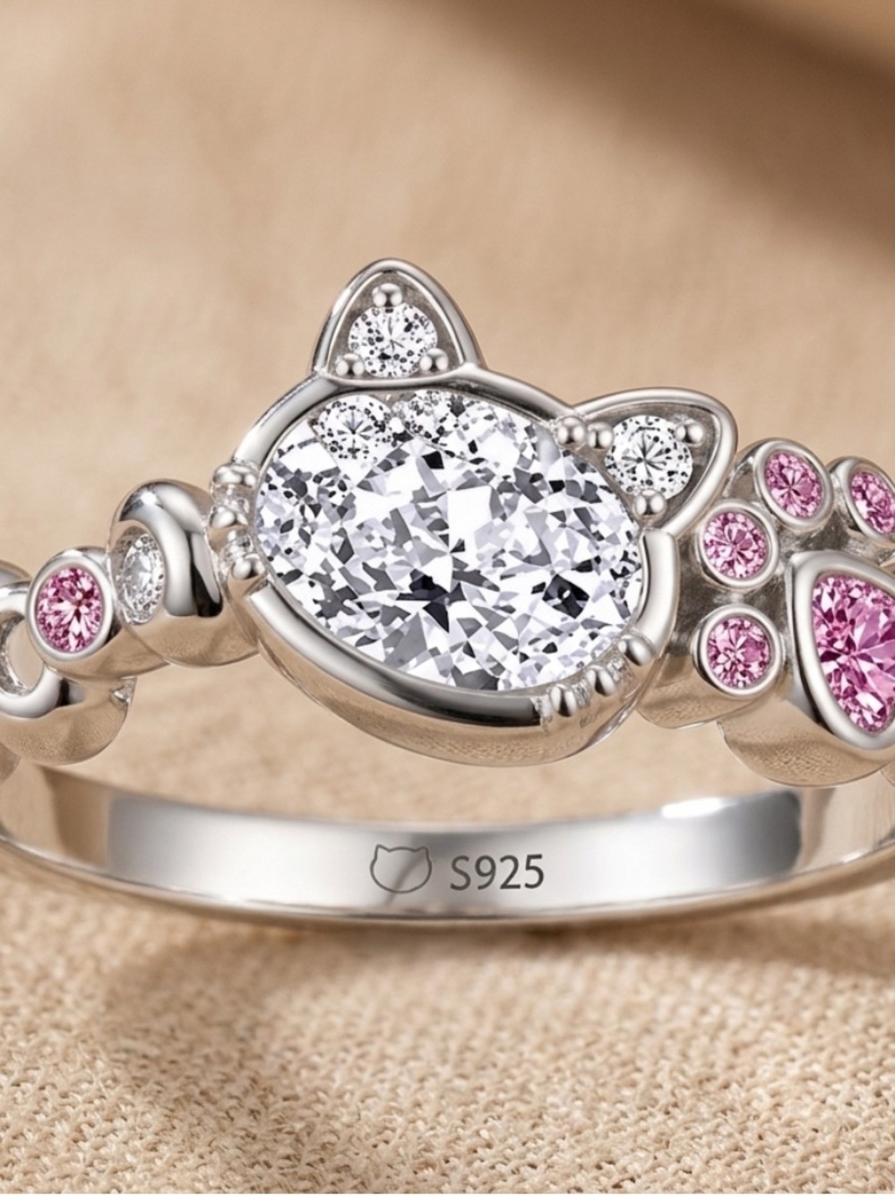 Sterling Silver Cat Ear Ring with Pink Accent Stones - S925